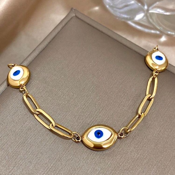 Gold Plated Stainless Steel Evil Eye Link Bracelet - Picture 1 of 3